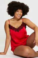Red Satin Cami Pj Eyelash Trim Pyjama Set
