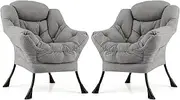 Giantex Set of 2 Lazy Chairs, Modern Sherpa Accent Chair w/Upholstered Single Sofa Chair w/Armrests & Side Pocket, Leisure Reading Lounge Chair for Living Room, Bedroom, Office, Dorm (Gray)