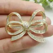 Double Bow Brooch Pin 2.3Ct Round Cut Lab Created Diamond 14K Yellow Gold Plated
