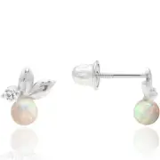 0.05CTW CZ White Fire Opal 14K White Gold Leaf Ball Stud Earrings