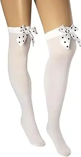 [Needzo] Black and White Halloween Tights with Polka Dot Bows, Sheer Costume Stockings for Women, 26.5 Inches, White, One Size