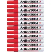 12 x Artline 500A Whiteboard Marker Xylene Free Bullet Tip 2mm Red