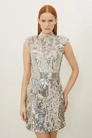 Petite Embellished Pearl Strong Shoulder Mini Dress