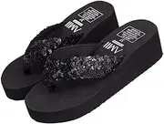 [GLSTOY] Wedges Shoes for Women Large Size Sequined Thong Sandals Barefoot Shoes Fashion- Flats Size 40