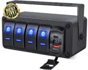 4 Gang Rocker Switch Panel, Waterproof with USB-C QC 3.0 for Boat, Car, RV (Blu