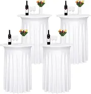 4 Pack White Round Cocktail Table Skirt, 32" x 43" Spandex Stretch Cocktail Tablecloth with Wavy Drapes, Fitted High Top Table Covers for Wedding Parties, Patio, Bar, Banquet
