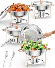 5QT 4 Packs Chafing Dish Buffet Set, NSF Round Stainless Steel Chafers and Warmers Food Servers Sets with Lid & Lid Holder, Spoon & Tweezer for Catering Events Parties Weddings Dinners, Rose Gold