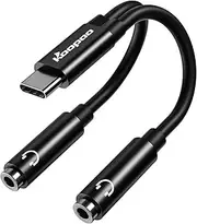 USB C to 3.5mm Aux Audio Headphone Splitter, Koopao Type C to Dual 3.5mm Aux Headphone Jack Adapter, Hi-Res 2 Way Audio Sharing Y Cable Cord for Samsung Galaxy S20, iPad, Oneplus 7 pro, Black