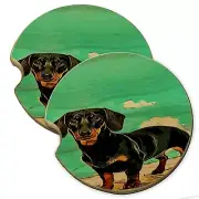 Adorable Dachshund Puppy Wood Car Coaster Gift Set fit Car & Truck Cup Holder