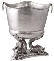 PEWTER FINISH ANTIQUE SILVER CHAMPAGNE BUCKET WINE ICE COOLER ON FISH PEDESTAL