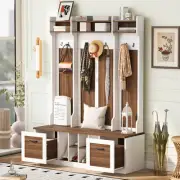5 in 1 Entryway Bench Hall Tree with Coat Rack 7 Hooks 2 Drawers Adjustable
