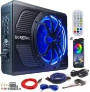 10" 800W Slim Under Seat Powered Colorful Light Subwoofer+Mounting Wire Kit