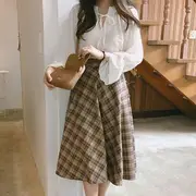 Peasant Blouse / Plaid A-Line Skirt / Knit Vest Blouse - White - M