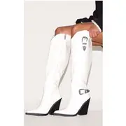 White Croc PU Point Toe High Block Heel Knee High Western Boots, White