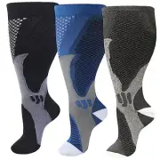 Wide Calf Compression Socks for Women Men,Large Plus 3X-Large Black+blue+grey