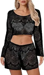 [CHERFLY] Womens Beach Cover Up 2 Piece 2024 Summer Crochet Bikini Hollow Out Long Sleeve Short Tops and Shorts Bathing Suit