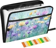 Quteprint 13 Pockets Expanding File Folder with Zipper Closure, Abstract Watercolor Art Wildflowers Accordion File Folder with Sticky Labels, Letter Size A4 Papers Expandable File Document Organizer