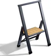 Step Ladder 1 Step Folding, Decorative - Beautiful Bamboo & Black Aluminum, Ultr