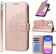Cavor Wallet Case for iPhone 11 6.1'' PU Leather Case Magnetic 3D Embossed Flower Women Flip Kickstand with Card Holder Wristlet Hand Strap Protective Cover-Flower Rose Gold