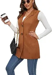 [Charis Allure] Women's Long Sleeveless Suede Vest Casual Lapel Open Front Duster Vest