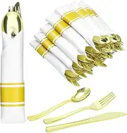QWORK Pre Rolled Gold Flatware Sets - with Pre-Rolled Napkins, 50 Sets Gold Plastic Silverware, includes 50 Forks 50 Knives 50 Spoons and 50 Napkins, Perfect for Parties and Weddings