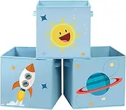 SONGMICS Storage Boxes, Set of 3, Toy Organiser Boxes, Foldable Storage Cubes with Two Handles, for Kid’s Room, Playroom, Bedroom, 30 x 30 x 30 cm, Space Theme, Blue RFB001B03