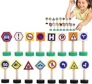 Traffic Road Signs for Kids, 16X Children Traffic Signs Playset, Crosswalk Signal Blocks, Early Learning Game, Wooden Building Blocks for Kids Boys Girls