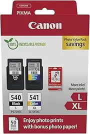 [Canon] Ink Cartridges & Paper Multipack - PG-540/CL-541XL Original Printer Cartridges Pack of 2 (1 x Black, 1 x Colour) & 4 x 6 Photo Paper (50 Sheets)