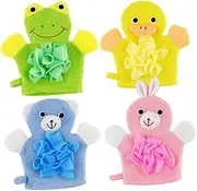 OFFIGAM 4Pcs Cartoon Exfoliating Shower Gloves for Fun Bath Scrubber Featuring Duck Frog Rabbit and Lightweight Body Scrub Gloves for Arms Legs and Back