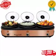 MegaChef Triple 2.5 Quart Slow Cooker and Buffet Server in Brushed Copper and Bl