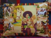 Vintage Mexican Pillow image Western Cowboy print serape fabric bucking horse