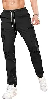[Aosufei] Men's Drawstring Straight Leg Cargo Pants Elastic Waist Athletic Work Trousers Stylish Casual Solid Outdoor Pants