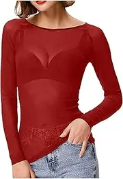 [Generic] Women's Mesh Tops See Through Crewneck Long Sleeve Shirts Stretchy Bodycon Tee Fashion Sexy Sheer Mesh Blouse Clubwear