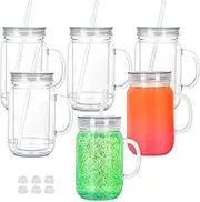 20 Oz Acrylic Snowglobe Tumbler with Handle, 6 Pack Pre-Drilled Double Wall Plastic Mason Jar for Glitter Snow Globe Diy, Double Wall Snowglobe Cup with Clear Lid