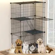 Ricjurzzty Cat Cage,Portable Metal Wire Mesh Grid Density Detachable Outdoor & Indoor Enclosure with Ladders,Cat Exercise Crate for Kitty,Puppy,Rabbits and Small Animals (Black, 3 Tier & 3 Doors)