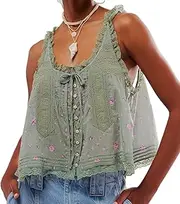 [Kelabia] Coquette Bow Tie Front Tank Tops Vest Women Cottagecore Floral Embroidered Babydoll Peplum Blouses Y2k Lace Trim Top