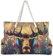 [YXYZRMY] Moose Colors Retro Beach Bag for Women Large Beach Tote Bag Zipper for Swim Gym Travel Daily