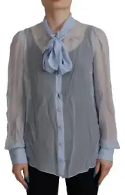 Dolce&Gabbana Women Light Blue Blouse 100% Silk Ascot Collar Classic Shirt IT 40
