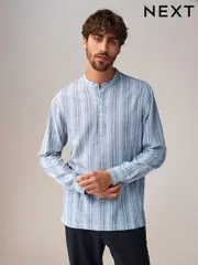 Blue Cotton Linen Blend Stripe Kurta (AH7008) | $55