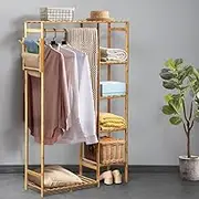 Furb Bamboo Clothes Hanging Rack, Open Wardrobe Clothes Rack, 6 Shelves, 3 Shawl Blanket Rails, 2 Hooks, 1 Hanging Rail (90x30x145cm-Natural)