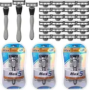 Wovnet 27 Pcs Refillable Razors Kit Refillable Men's Holiday Shaving Kit 5 Blade Disposable Razors Set Men's Disposable Razors Sensitive Skin Razor for a Comfortable Shave, 3 Handles and 24 Cartridges