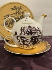 "TEA FOR ONE" Products Stackable “Chandelier Gold” Pattern Teapot & Cup NIB (CA)