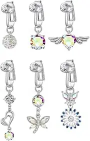 [Niaspi] 6Pcs Fake Belly Button Rings for Women Girls Stainless Steel Non-Piercing Clip on Belly Navel Rings Dangle Colorful CZ Belly Jewelry, Stainless Steel, cubic zirconia