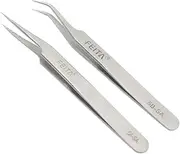 Eyelash Tweezers Set - FEITA Precision Eyelash Extension Tweezers - Professional Slant & Curved Pointed Very Fine Tip Tweezers for False Lashes - Silver - 2 Pcs