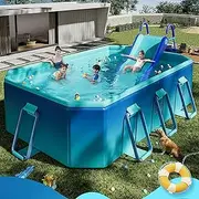 Frame Above Ground Outdoor Swimming Pool Non-Inflatable Kids' and Adults' Outdoor Blue Swimming Pool with Slide Thickened Support for Garden Backyard(4m/13ft)