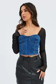 Denim Top Long Sleeve Sweetheart Hook & Eye Stretch - Size 8, Women's Top
