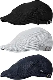 [Andy's Orchids] Men Mesh Flat Cap, 3PCS Adjustable Breathable Summer Newsboy Beret Hat Ivy Gatsby Cabbie Flat Cap for Driving Hunting, As Shown, 55-60cm