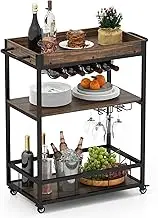 Giantex Kitchen Cart on Wheels, Bar Cart w/Removable Top Tray, Wine Rack, Glass Holder, 3-Tier Storage Shelf, 4 Hooks, Industrial Serving Cart for Kitchen, Dining Room, Rustic Brown