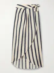 [Johanna Ortiz] Johanna Ortiz - Waves Of Destiny Wrap-effect Pleated Striped Linen Pareo - Ecru - US6 US 6 Ecru