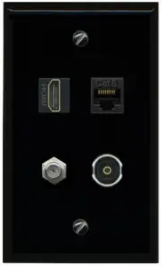 [4 Ports]HD and Coax Toslink + Cat6-Ethernet Wall Plate - Flat [Black/Black]